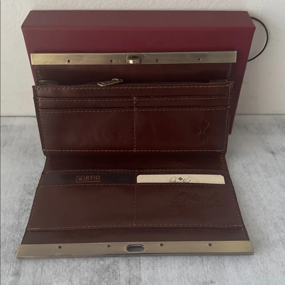Patricia Nash Cauchy Leather Frame Wallet Floral Prairie Rose RFID Tan Red